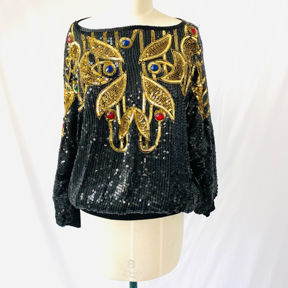 Vintage‎ 80's Silk, Sequin and Rhinestone Creative Creations Disco Glam Blouse - Picture 3 of 14